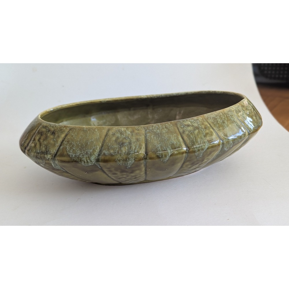 Vintage USA Pottery 1003 Olive Green Drip Glaze Oval Boat Planter Bowl MCM 12in